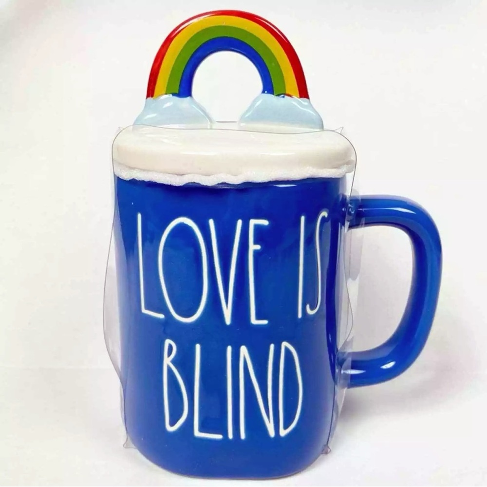 RAE DUNN Rainbow 🌈 Figural Mug Love Is Blind Blue w/ Topper Lid Pride Decor New